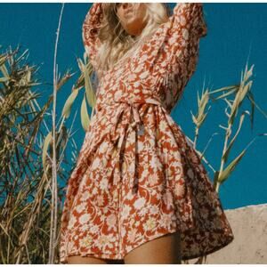 Billabong Spring Romance Mini Wrap Dress Red Clay Floral Size S Long Sleeve